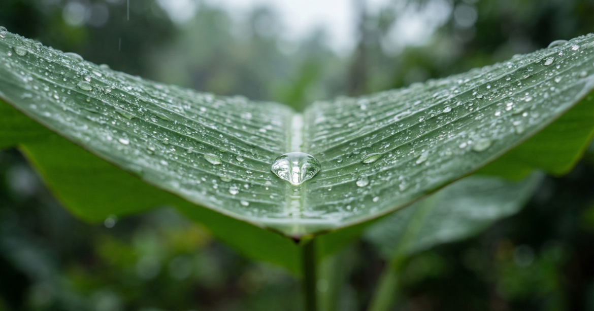 翠綠芭蕉葉上的雨滴特寫，象徵鋼琴觸鍵的彈性與放鬆技巧