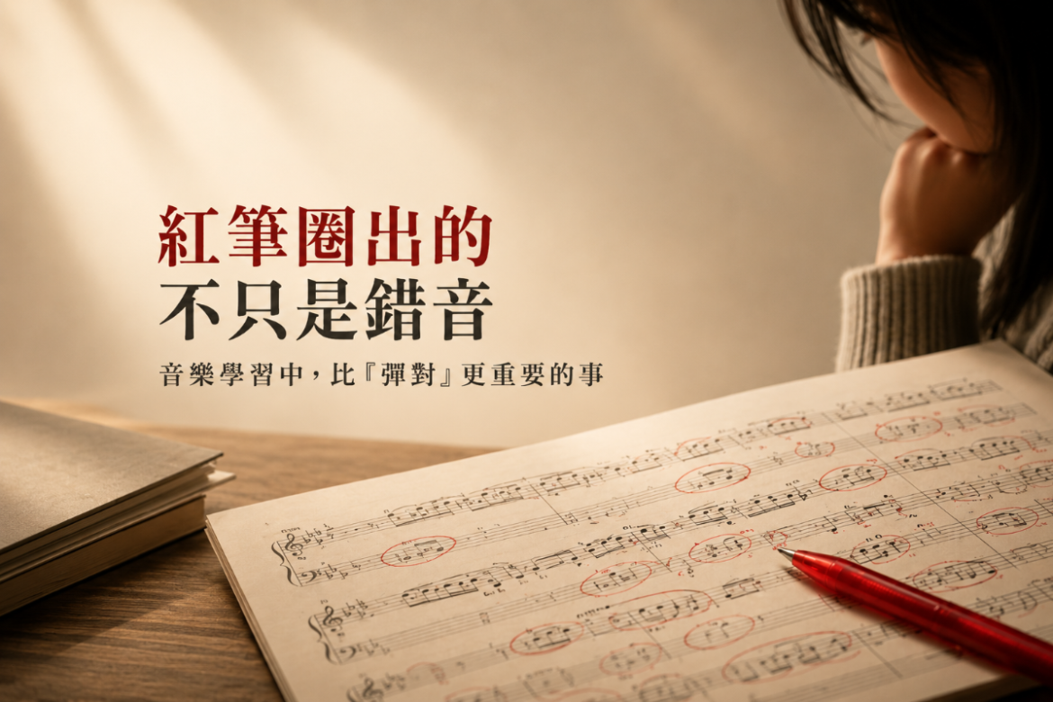 紅筆圈滿琴譜，提醒孩子練琴時信心也需要被保護
