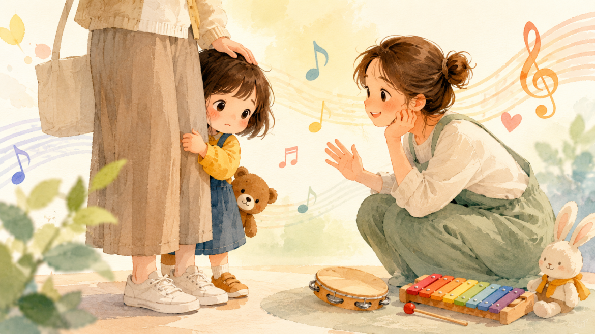 孩子躲在爸媽身後，透過音樂活動慢慢練習社交互動