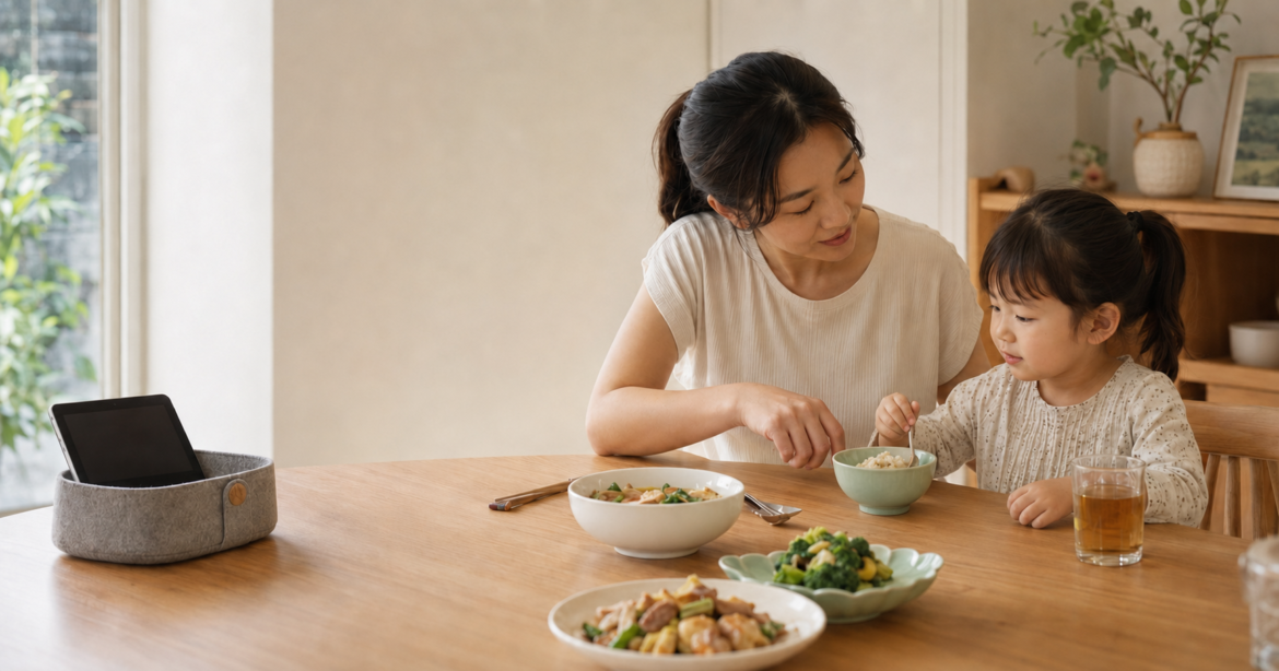 孩子放下平板後回到餐桌，家長溫和陪伴孩子用餐。