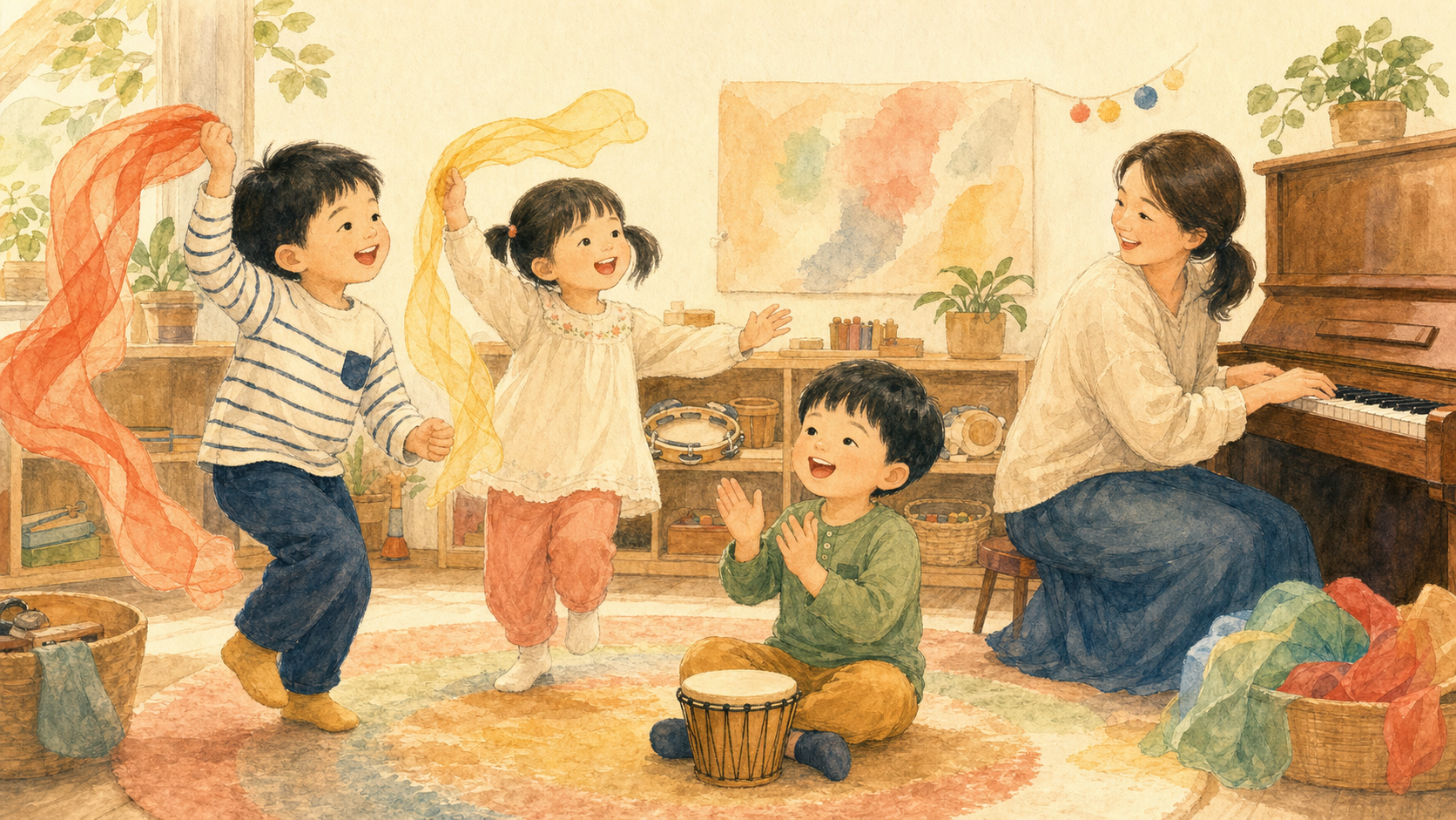 音樂陪伴幼兒成長的水彩插畫