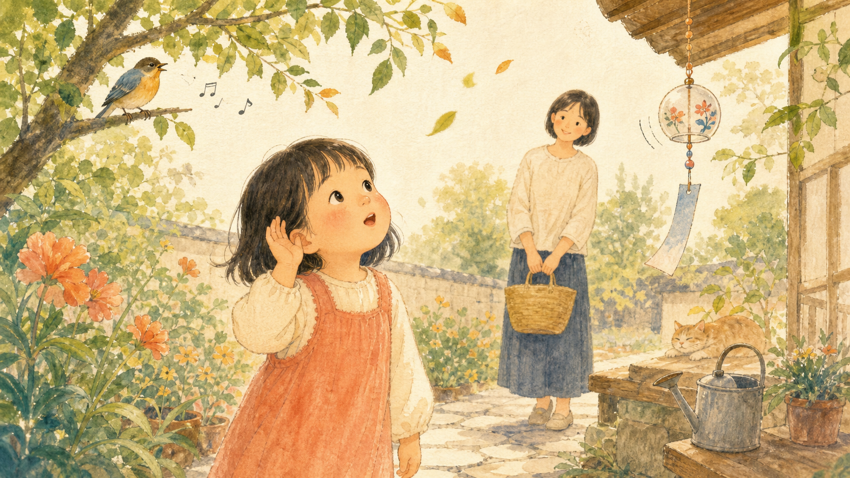 孩子從生活開始探索音樂的水彩插畫